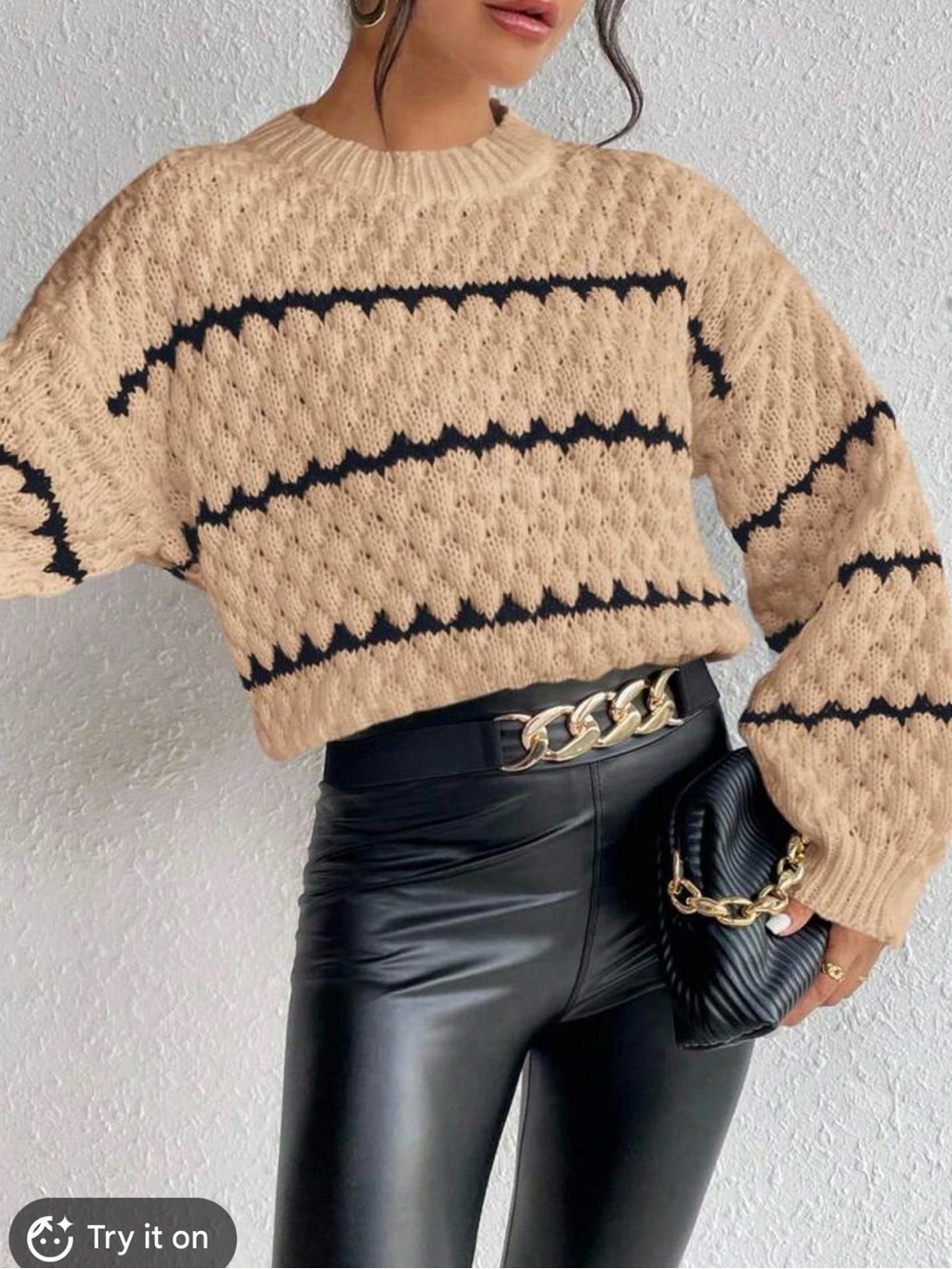 SHEIN Beige Chunky Knit Cropped Sweater with Black Stripes